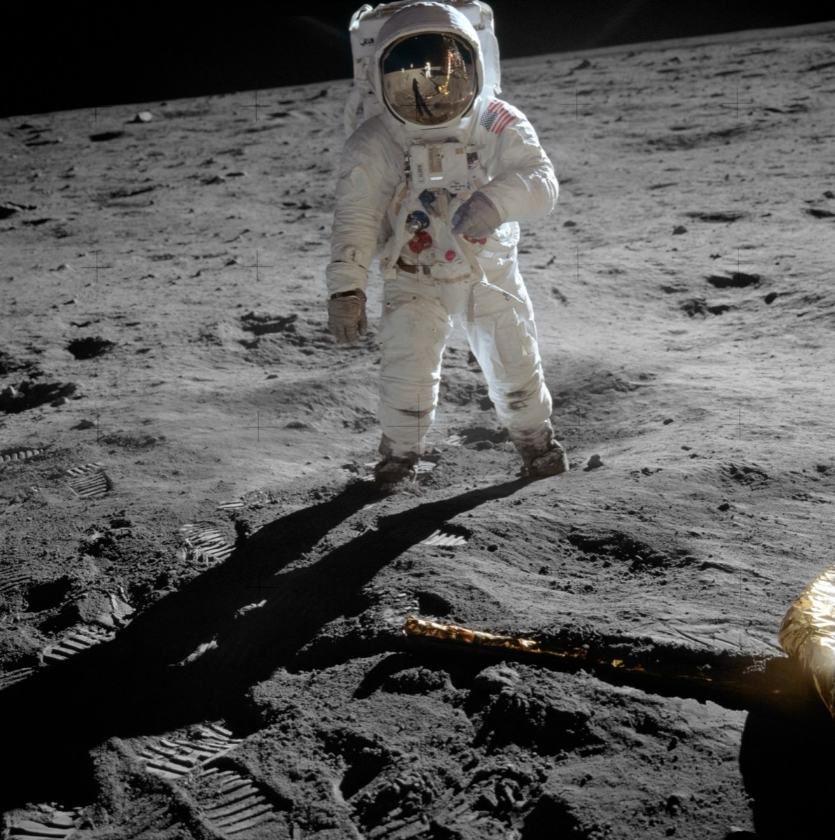 Buzz Aldrin descends the ladder of the Lunar Module Eagle during the Apollo 11 moonwalk.