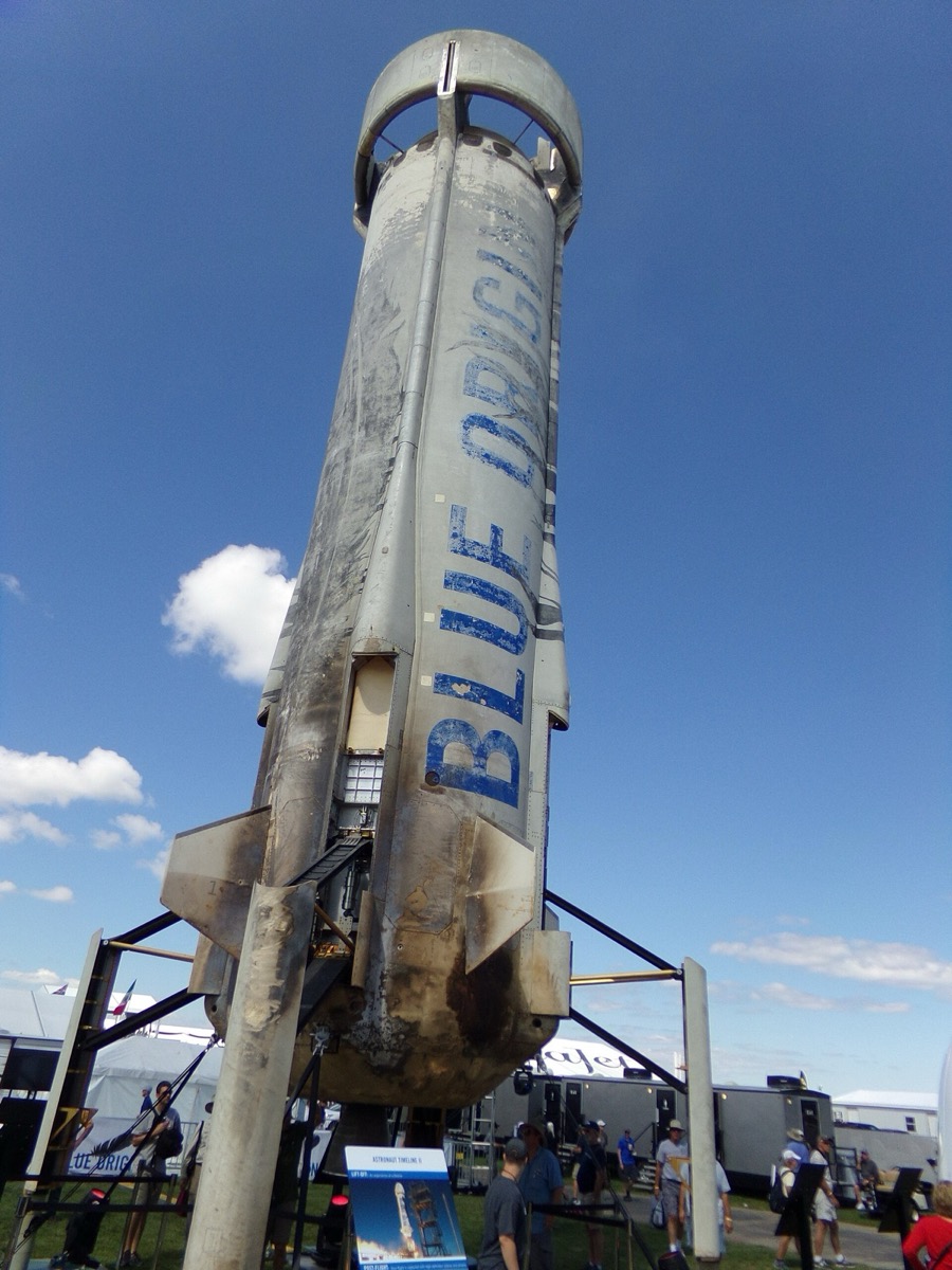 A New Glenn rocket on the pad at Cape Canaveral with the iconic feather logo.