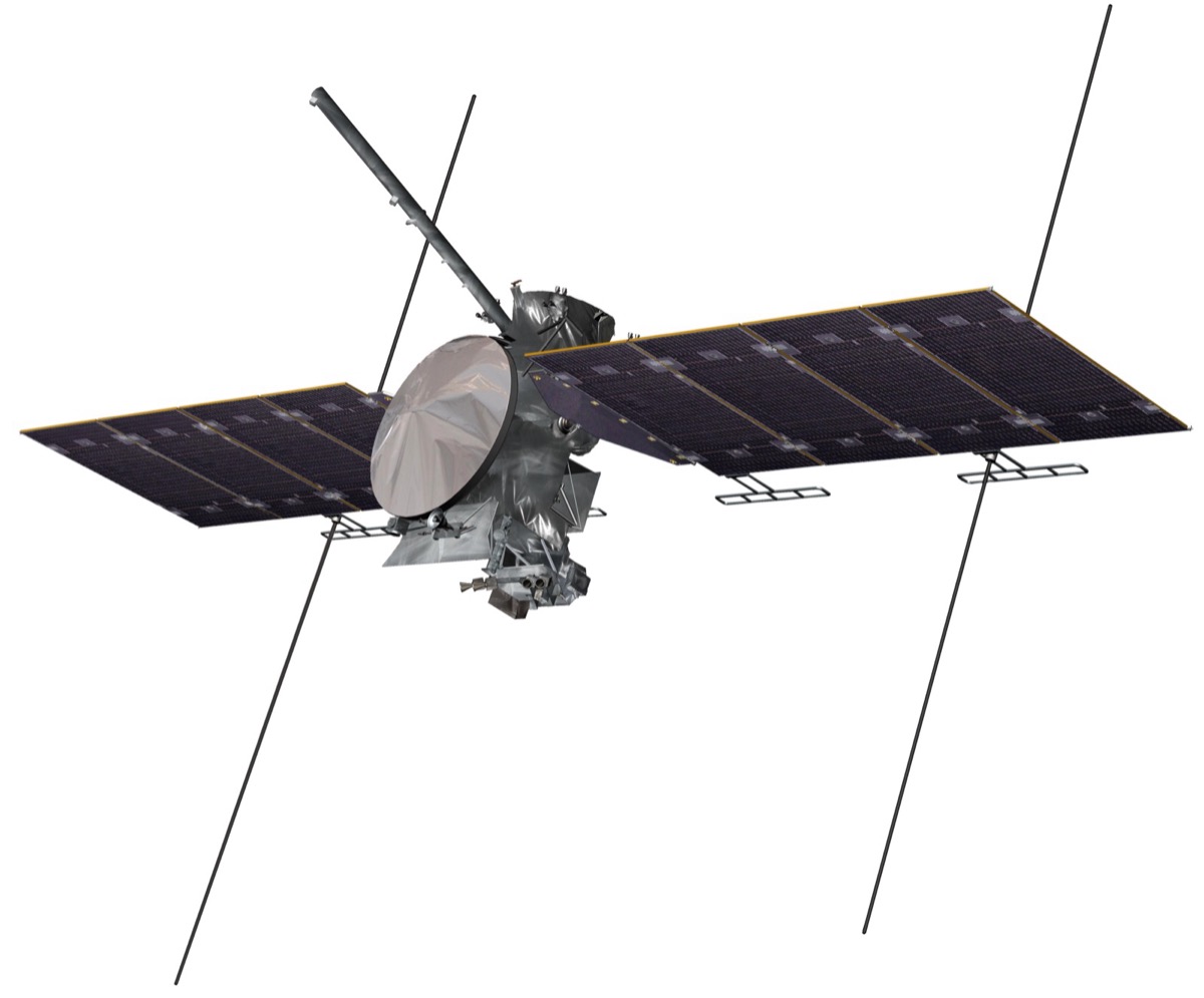 Artist rendering of Europa Clipper flying past the icy moon Europa with Jupiter in the background.