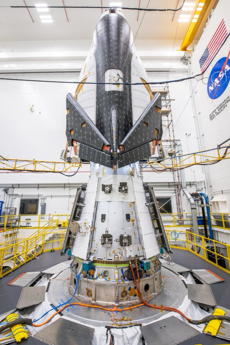 Sierra Space's Dream Chaser Tenacity spacecraft inside a clean room at NASA's Plum Brook station.