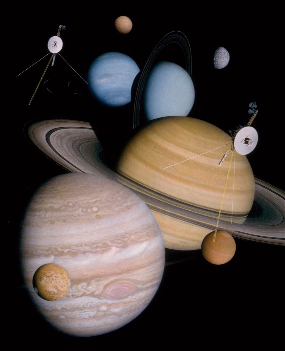 Artist rendering of one of the Voyager spacecraft in interstellar space with the Sun as a tiny dot in the background.