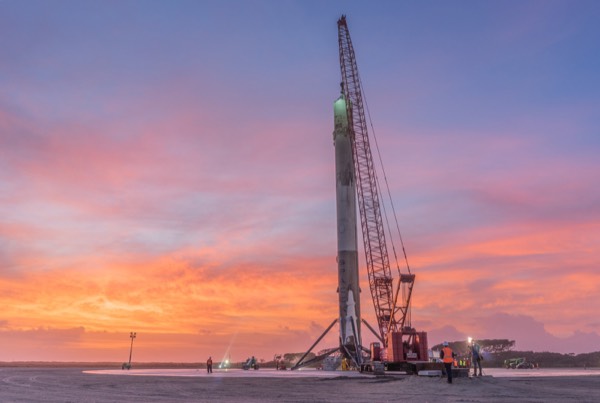 A Falcon 9 first-stage booster lands on the SpaceX droneship "Of Course I Still Love You" in the Atlantic.