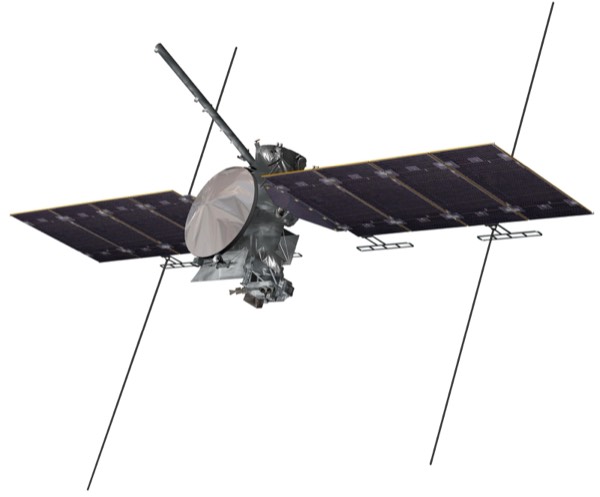 Artist rendering of Europa Clipper flying past the icy moon Europa with Jupiter in the background.