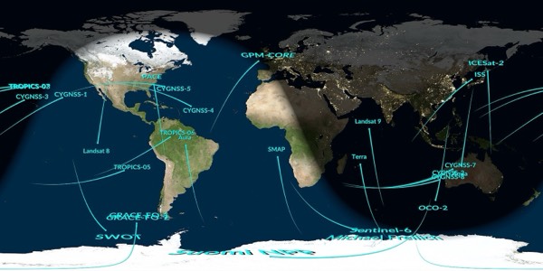 A NASA Earth-observing satellite captures a swirl of clouds over the Pacific Ocean.
