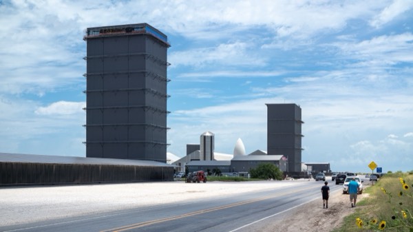 A row of Falcon 9 first-stage boosters lined up at SpaceX's Hawthorne facility.