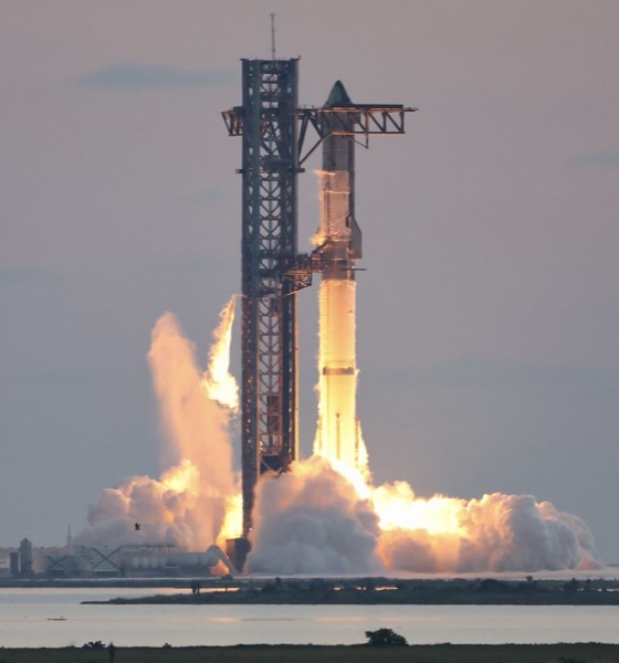 A SpaceX Starship V2 vehicle on the launch mount at Starbase.