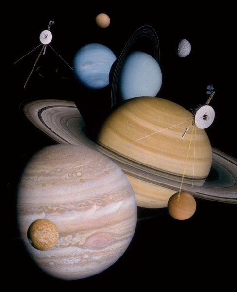 Artist rendering of one of the Voyager spacecraft in interstellar space with the Sun as a tiny dot in the background.
